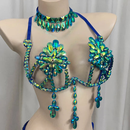 The Stardust Empress Royale – Deluxe Rhinestone Samba Carnival Wire Bra, Panty, Belt & Necklace 4-Piece Costume Set