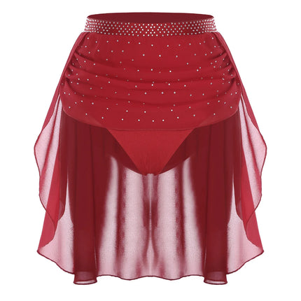 Womens Modern Lyrical Dance Skirt Performance Costume Sparkly Rhinestone Irregular Chiffon Hem Built-in Briefs Skirt Dancewear