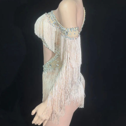 Sparkly Silver Crystal Rhinestone & Shoulder Fringe Bodysuit Stage Performance Costume