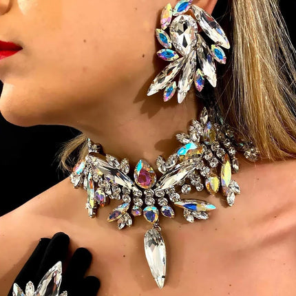 Rhinestone Geometric Crystal Necklace Earrings Set