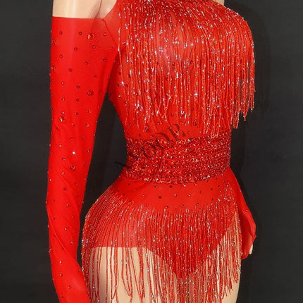 Sparkly Red Rhinestone & Fringe Long-Sleeve Mesh Bodysuit Dance Stage Costume