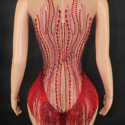 Sparkly Rhinestone, Sequin & Fringe Sleeveless Bodysuit Stage Performance Costume