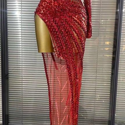 Gold Crystal Illusion Sweetheart Gown High-Slit Mermaid Train Evening Dress