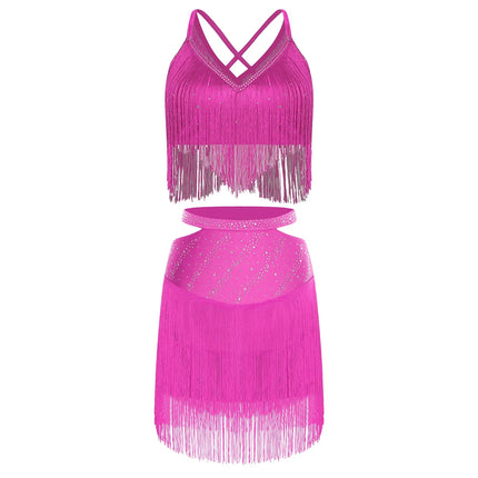 Sparkly Rhinestone & Tassel Fringe Two-Piece Latin Tango Dance Outfit Set