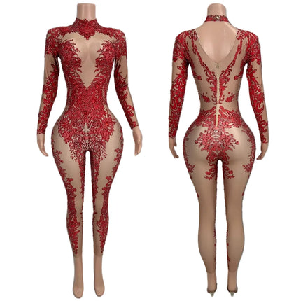 High Neck Crystal Appliqué Illusion Bodysuit
