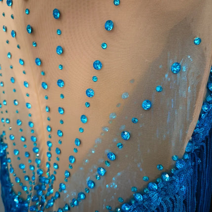 Sparkly Blue Rhinestone & Tassel Sheer Mesh Mini Dress Stage Costume