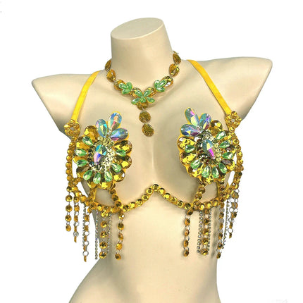 Sparkly Samba Carnival Stone Wire Bra & Necklace Two-Piece Dance Costume Set