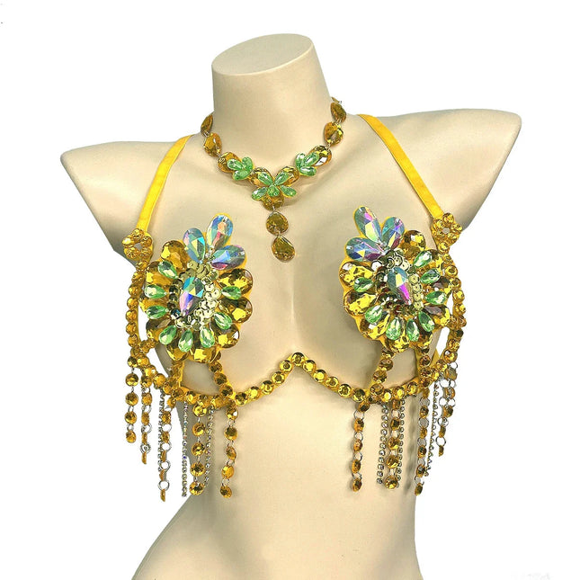 Sparkly Samba Carnival Stone Wire Bra & Necklace Two-Piece Dance Costume Set