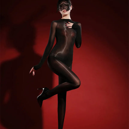 Oil Glossy High-Stretch Sheer Full-Length Bodysuit Thong Catsuit Jumpsuit