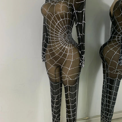 Black Spider Mesh Jumpsuit For Women Sexy Long Sleeve Performance Rompers Dance Show Stage Costume
