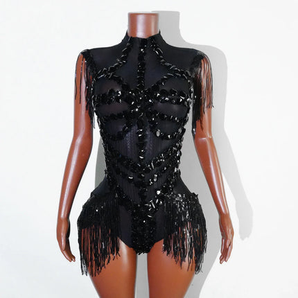 The Stardust Midnight Cabaret Bodysuit – Luxury Rhinestone & Mesh Showgirl Costume