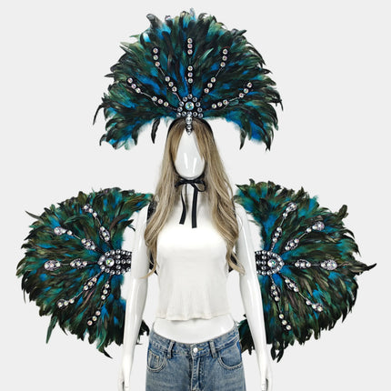 Unisex Artisanal Feather Headdress & Wings Carnival Performance Set