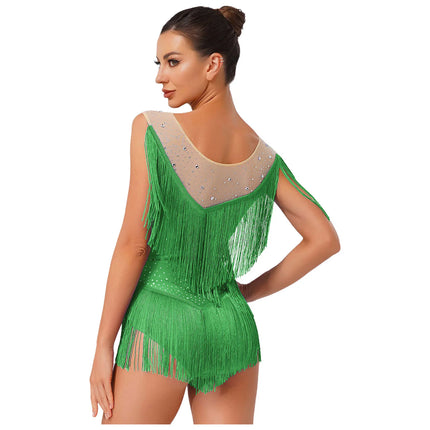 Sparkly Rhinestone & Tassel Fringe Latin Dance Leotard Crew Neck Bodysuit