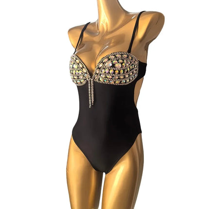 Hand-Sewn Crystal Rhinestone One-Piece Bodysuit & Stage Costume Set