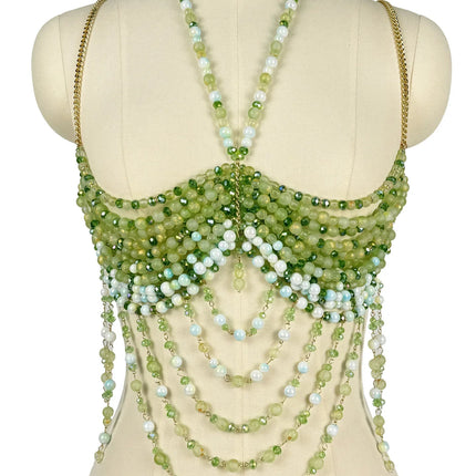 The Stardust Emerald Goddess – Handmade Green Rhinestone & Beaded Tassel Body Chain Halter Top