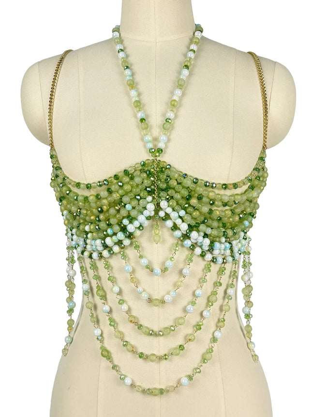 The Stardust Emerald Goddess – Handmade Green Rhinestone & Beaded Tassel Body Chain Halter Top