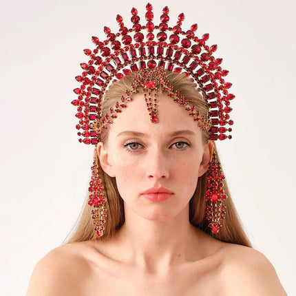 Exaggerated Rhinestone Tassel Crown Headpiece