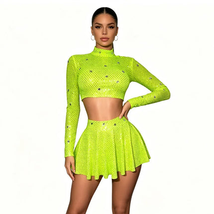 Neon Lime Rhinestone Crop Top & Fringe Mini Skirt 2-Piece Stage Costume Set