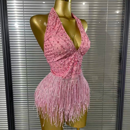 Vintage-Inspired Beaded Tassel Bodysuit Performance Costume