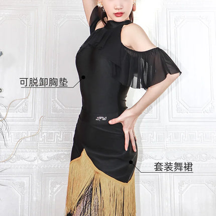 Black High-Neck Short-Sleeve Bodysuit & Gold Fringe Skirt Latin Dance Costume Set