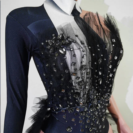 Black Rhinestone One-Shoulder Bodysuit & Trailing Tulle Train Stage Costume Set
