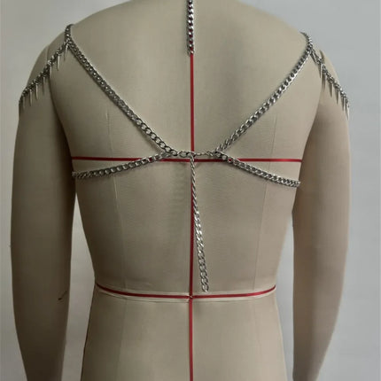 Fashionable Multi-Layer Fringe Men's Body Chain Metal Hanging Neck Iron Ring Vest Sexy Cutout Design Top