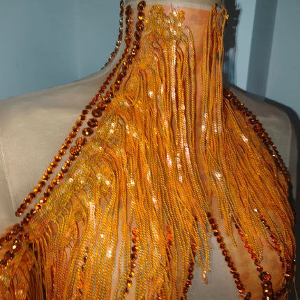 Orange Sparkly Crystal Fringe Bodysuit Off-Shoulder Stage Performance Costume Leotard