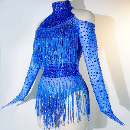 Rhinestone Tassel Mesh Performance Bodysuit