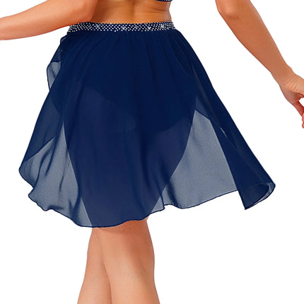 Womens Modern Lyrical Dance Skirt Performance Costume Sparkly Rhinestone Irregular Chiffon Hem Built-in Briefs Skirt Dancewear