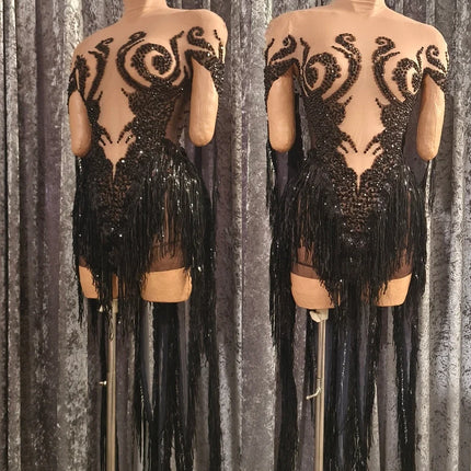 Sparkly Black Rhinestone Tassel Stage Performance Mini Dress Birthday Party Gown