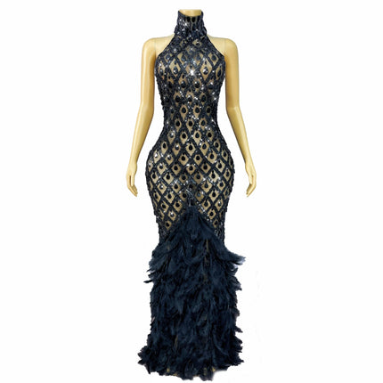 Sparkly Rhinestone Feather Sheer Mesh Evening Gown Stage Fashion Show Outfit