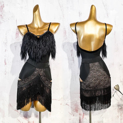 Black Fluffy Dance Leotard & Fringe Practice Skirt Latin Performance Costume Set