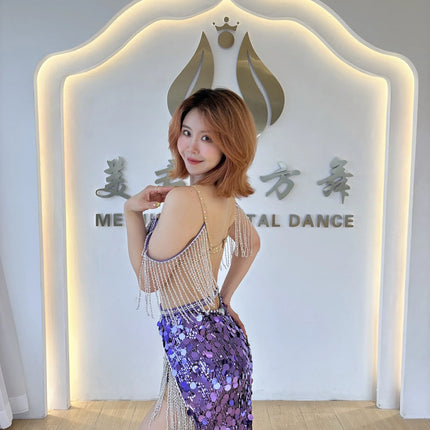 Luxury Diamond Bra & Sequin Tassel Skirt Oriental Belly Dance Competition Set