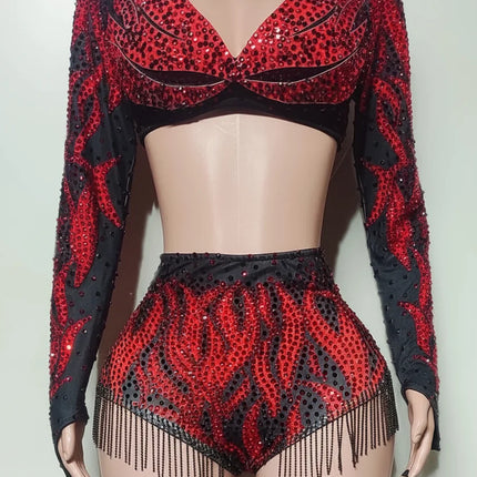 Crimson Red Crystal Cutout Crop Top & Shorts 2-Piece Stage Dance Costume Set