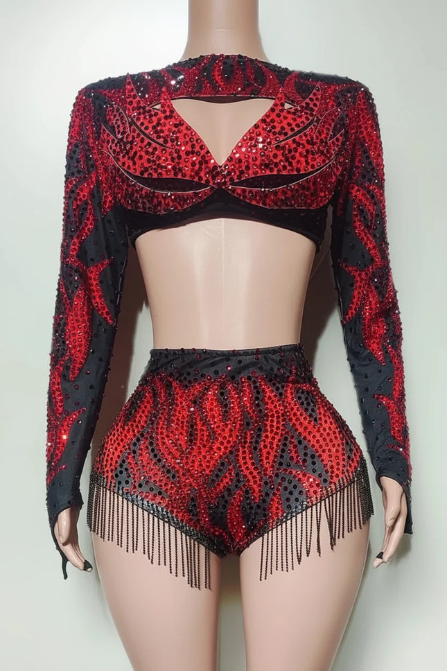 Crimson Red Crystal Cutout Crop Top & Shorts 2-Piece Stage Dance Costume Set