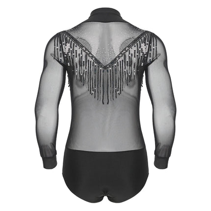 Men's Latin Salsa Sequin Tassel & Rhinestone V-Neck Performance Leotard Bodysuit