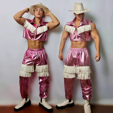 Men's Pink Western Cowboy Fringe Stage Outfit & Gogo Dance Performance Costume