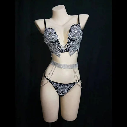 Sparkly Crystal Rhinestone Diamond Bra & Bikini Set Stage Costume