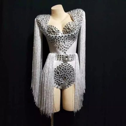 Sparkly Crystal Rhinestone & Tassel Fringe Bodysuit Costume Set with Bra & Belt