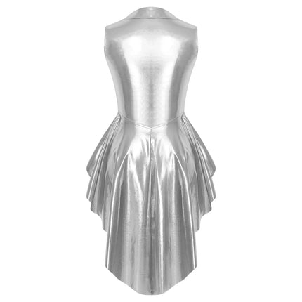 Metallic Wet-Look Sleeveless Tailcoat Jacket with Asymmetrical High-Low Hem