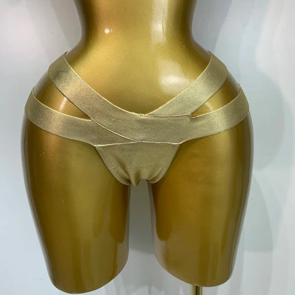 Gold Knitted Halter Bandage Two-Piece Set Stage Performance Costume Outfit