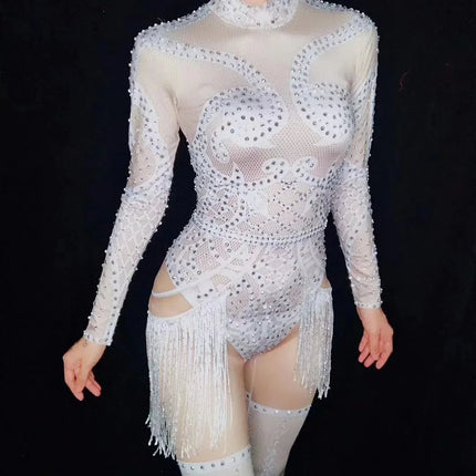 White Pearl & Crystal Rhinestone Bodysuit Sheer Mesh Leggings Illusion Stage Costume Set