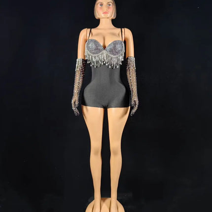 Black Spandex Crystal Tassel Bodysuit with Matching Gloves Stage Performance Set