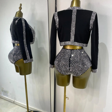 Rhinestone Bustier, High-Waist Mini Shorts & Cropped Jacket 3-Piece Performance Costume Set