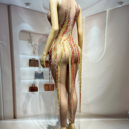 Gold & Amber Beaded Rhinestone Catsuit Illusion Mesh Long-Sleeve Jumpsuit Stage Costume