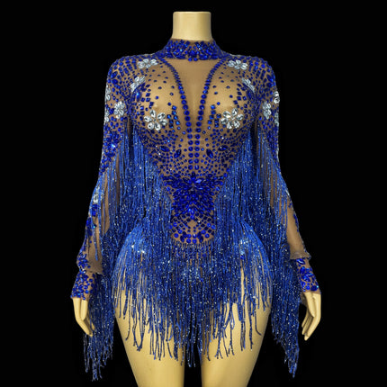 Sparkly Rhinestone Tassel High-Cut Stage Performance Bodysuit Dance Leotard