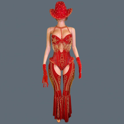 The Stardust Showstopper 4-Piece Rhinestone Ensemble – Luxury Stage Bodysuit & Jumpsuit Set