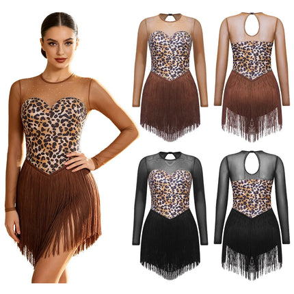 Leopard Print Rhinestone Tassel Dance Dress Long Sleeve Keyhole Bodysuit