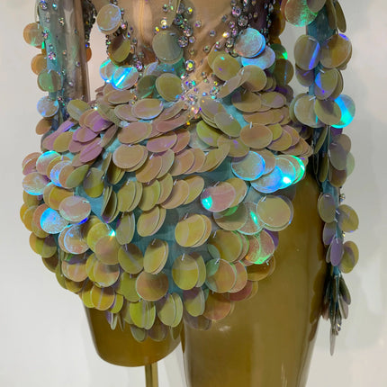 Iridescent Mermaid Scale Sequin & Rhinestone Illusion Bodysuit Stage Costume