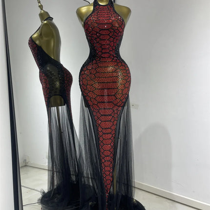 Claret Red Snakeskin Rhinestone Halter Gown Backless Mesh Illusion Evening Maxi Dress